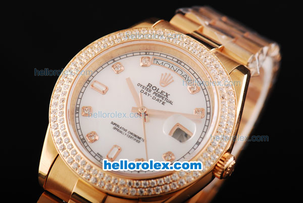 Rolex Day Date II Automatic Movement Full Rose Gold with Double Row Diamond Bezel-Diamond Markers and White MOP Dial - Click Image to Close